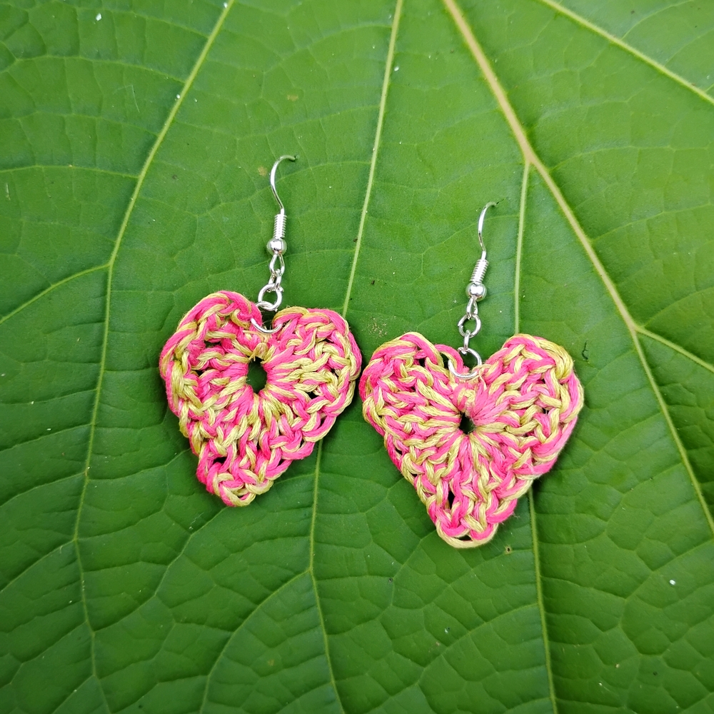 Handcrafted crochet Hear Earrings - Pink And Green